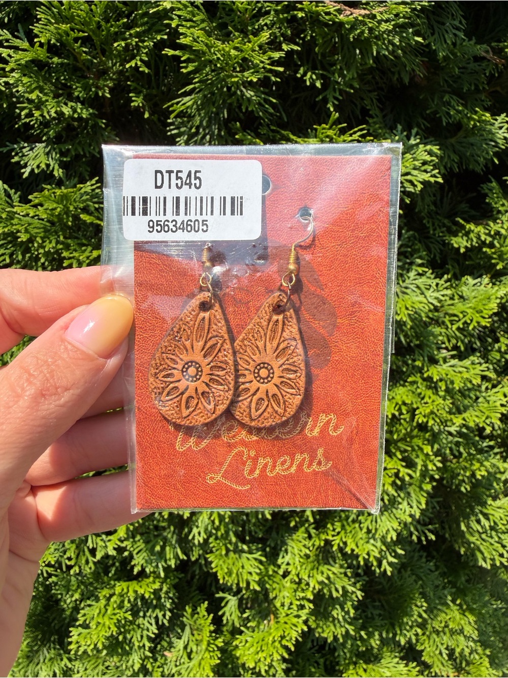 Western Linens Tooled Leather Teardrop Floral Cutout Earrings - Brown